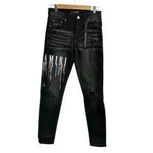 Amiri Black Paint Drop Core Logo Skinny Jeans Size 0/30 Distressed New